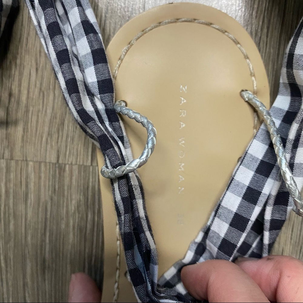 Zara | Gingham Black & White Tie Strap Sandals - Picture 5 of 7